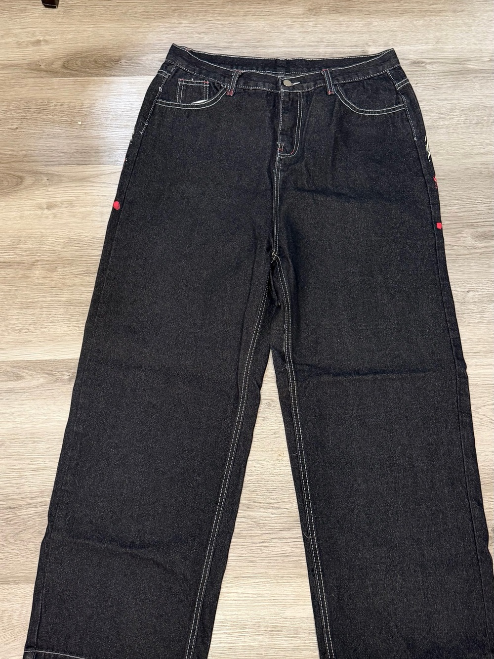 Y2K Men's Relaxed Black Jeans with Contrast Stitching